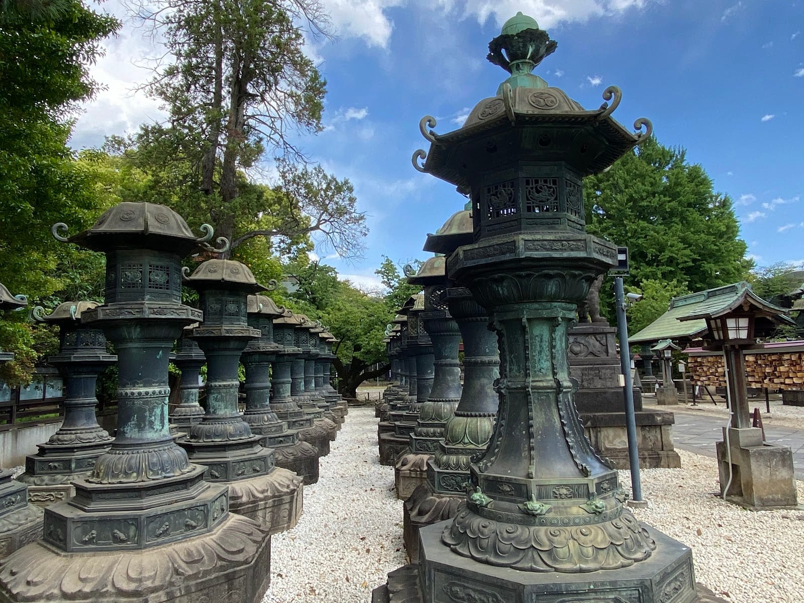 Rows of old bronze lanterns on the approach to Ueno Toshogu.