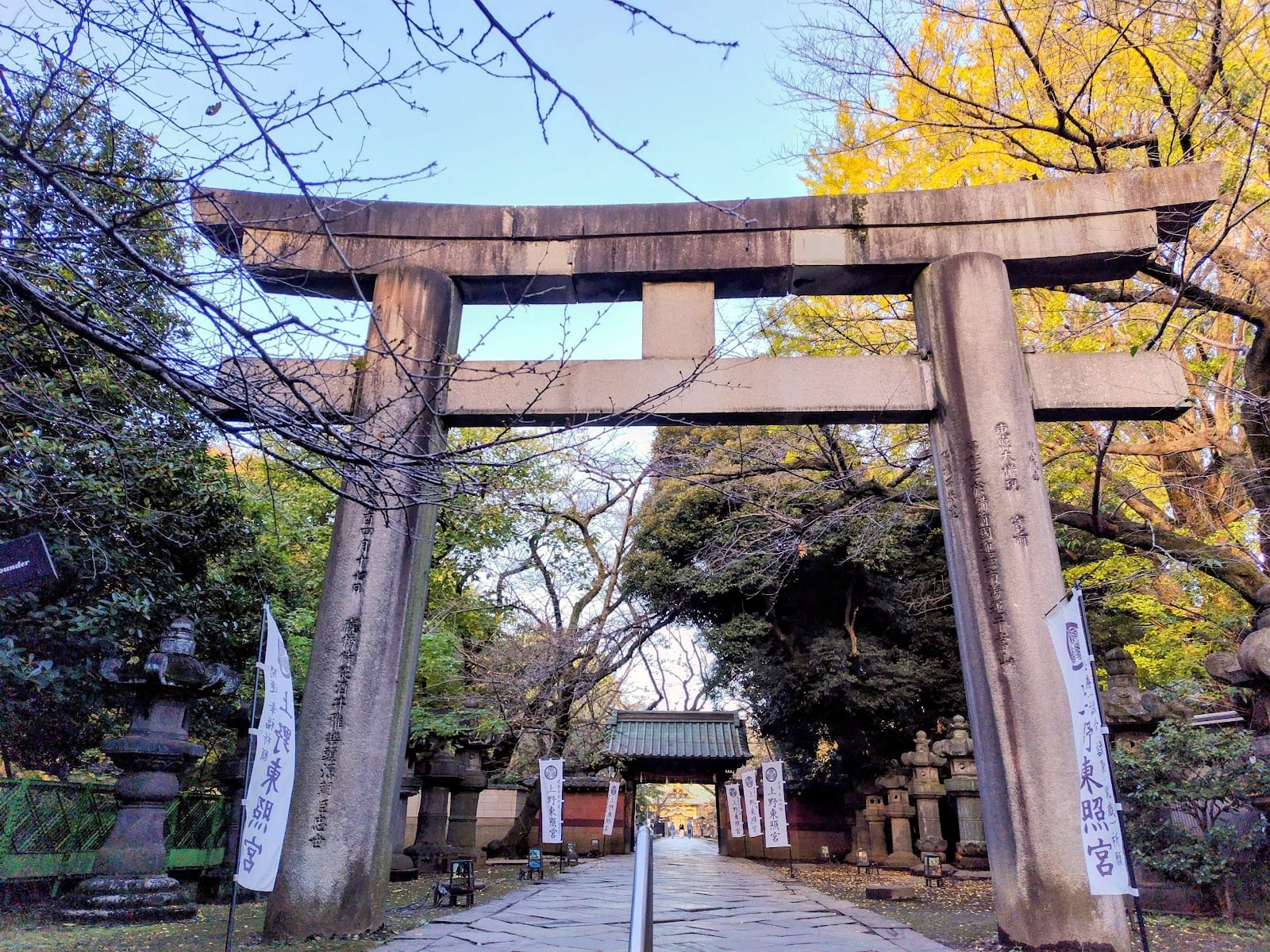 The stone torii and tree-lined approach to Ueno Toshogu in autumn.