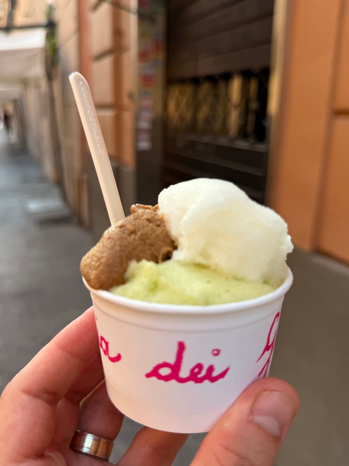 A cup of pistachio gelato at Gelateria dei Gracchi.