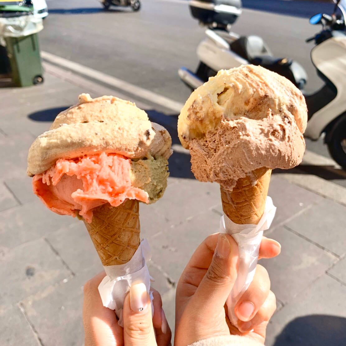Two generous cones of gelato from Old Bridge Gelateria.