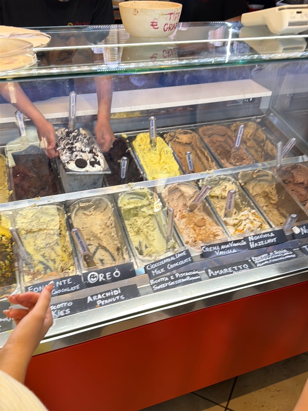 The flavor display case at Old Bridge Gelateria.