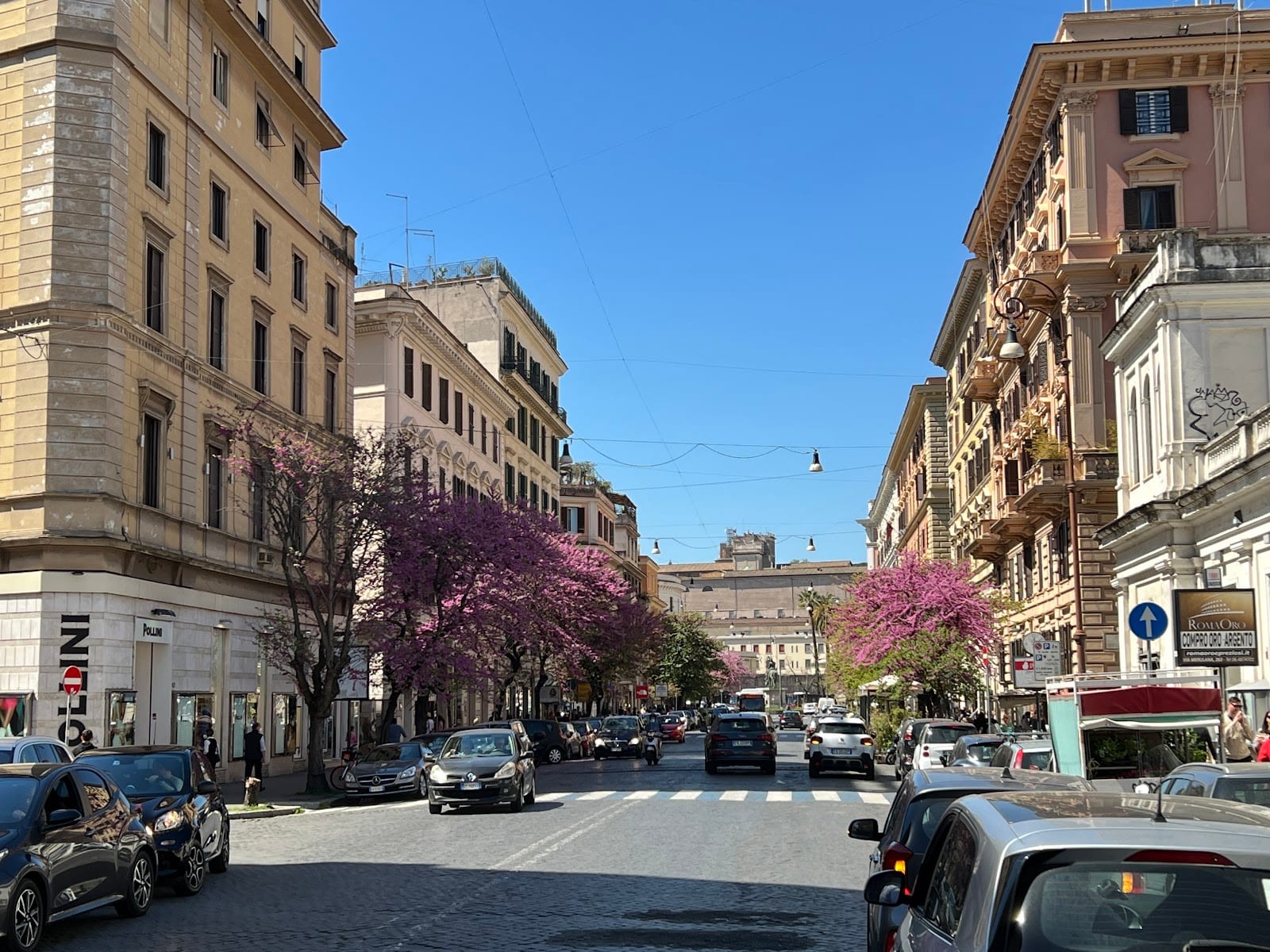 The wide, shop-lined axis of Via Cola di Rienzo in Prati, Rome, with blossoming trees.