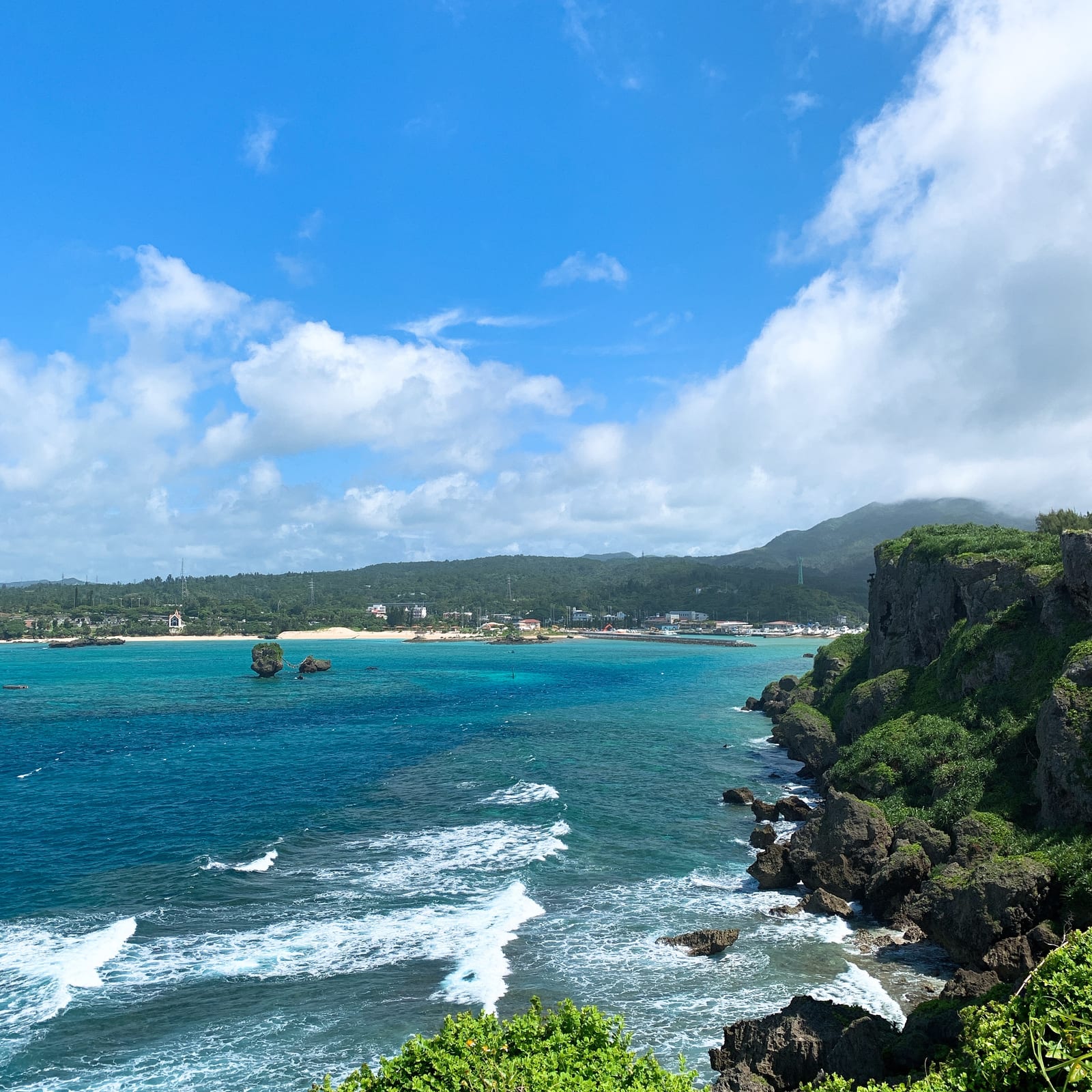 Green-covered limestone cliffs at Cape Manzamo rise above the ocean, with a beach and coastline across the bay.