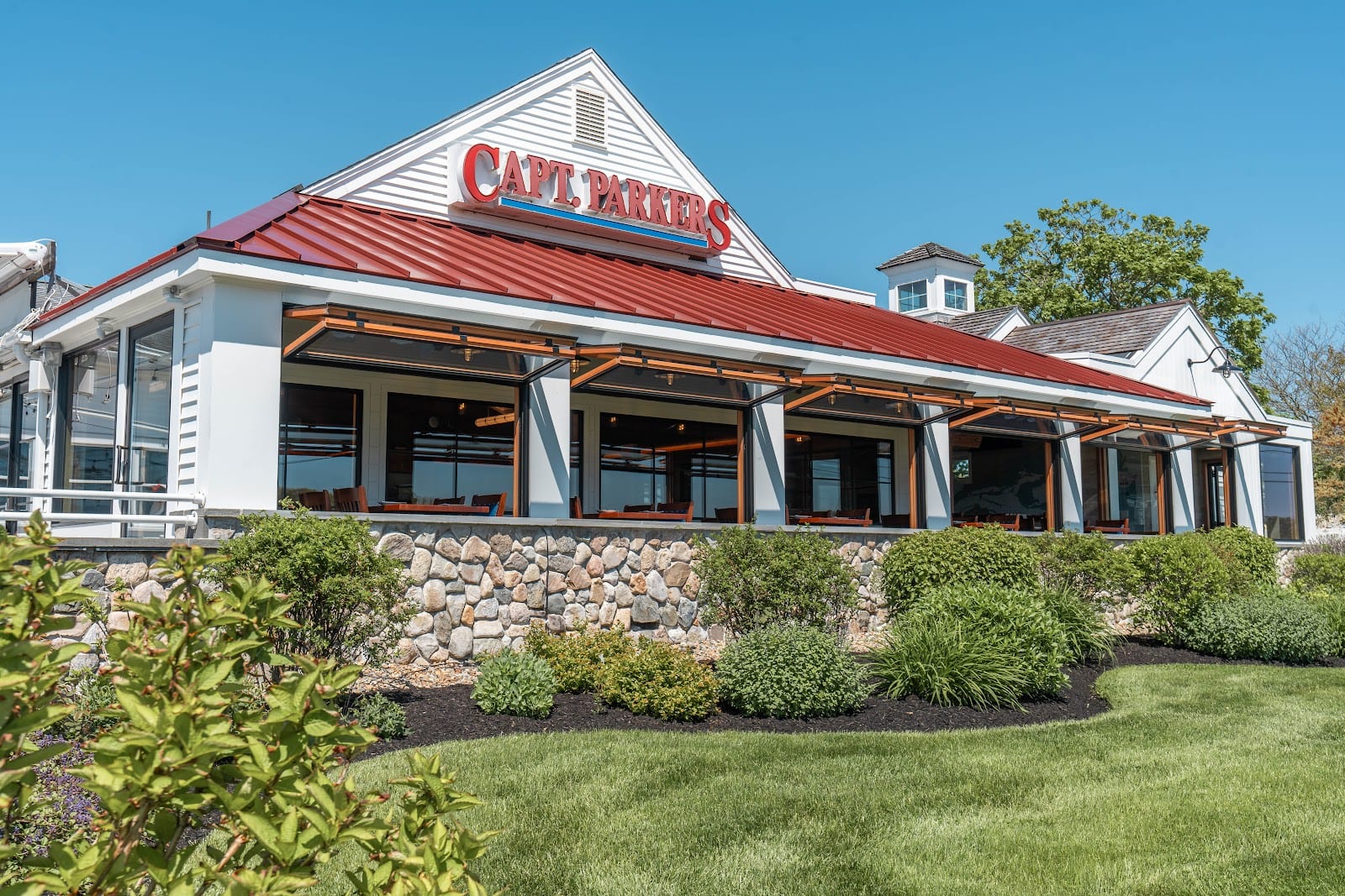 The waterfront patio at Captain Parker's Pub overlooking Parker's River.