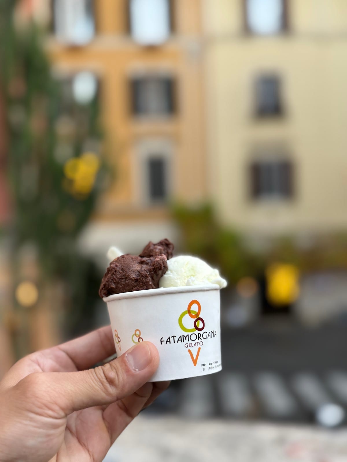 A cup of gelato in muted, natural colors at Fatamorgana in Monti.