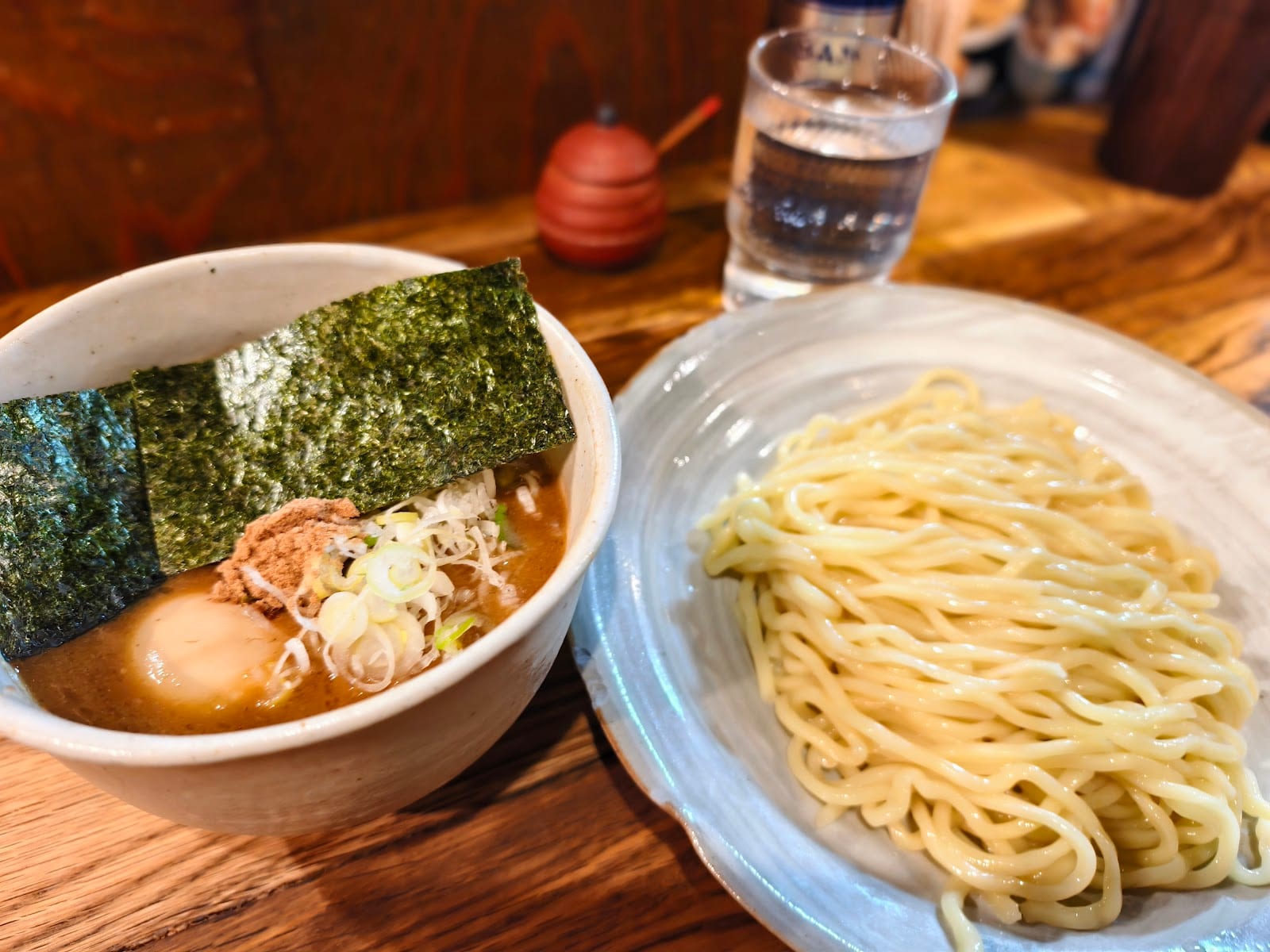 Fuunji's signature tsukemen: chilled dipping noodles beside a bowl of concentrated broth.