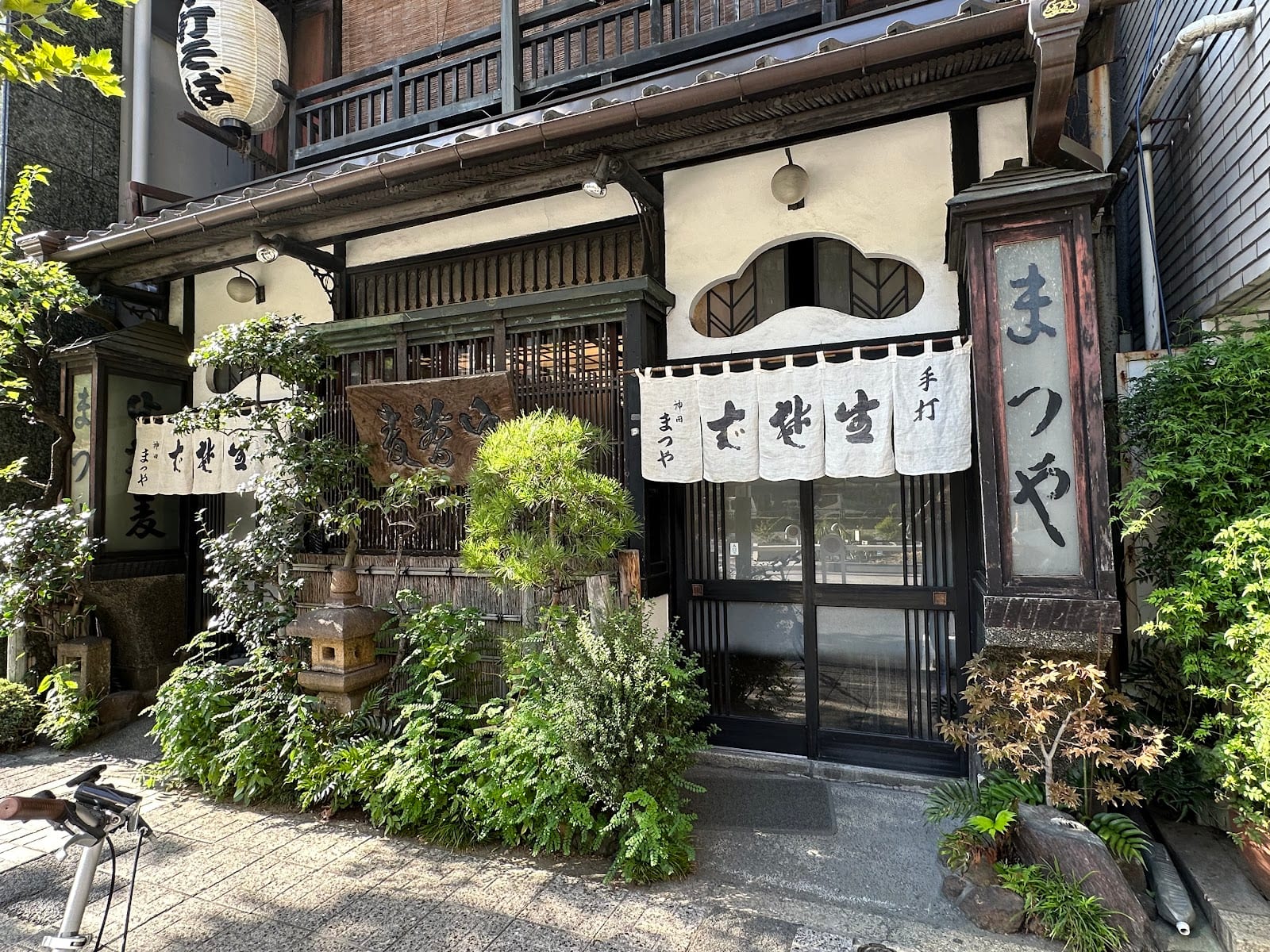 The old wooden storefront of the soba house Kanda Matsuya.