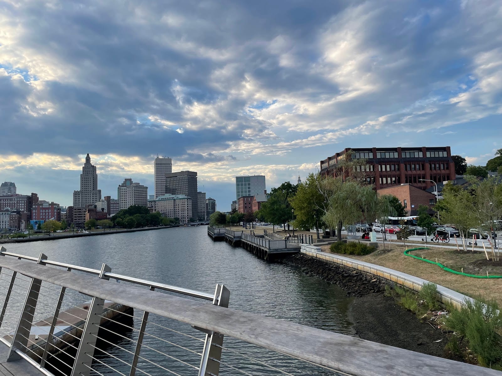 The Providence, Rhode Island skyline reflected in the river at dusk.
