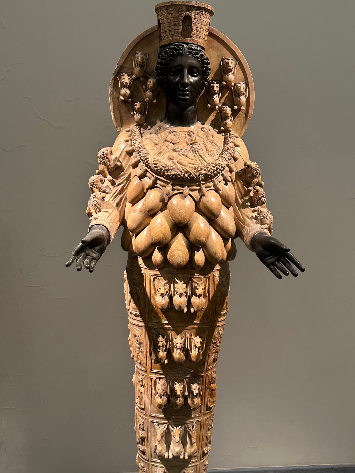 A famous ancient statue of the many-breasted Artemis of Ephesus at the Naples museum.