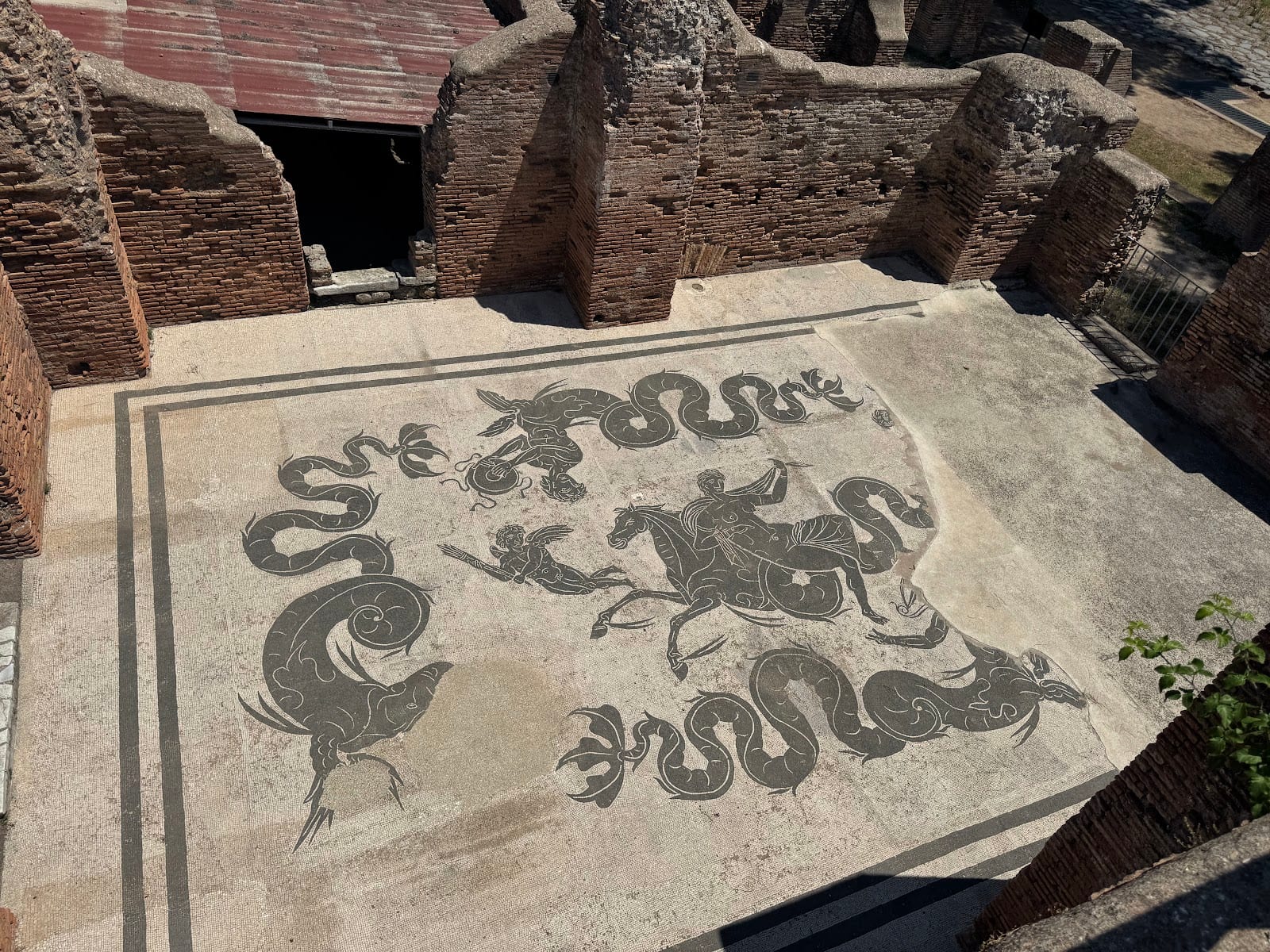 The famous black-and-white sea-creature floor mosaic at Ostia Antica.