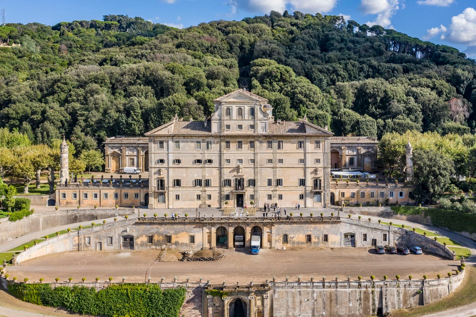 The baroque facade of Villa Aldobrandini above its forecourt in Frascati.