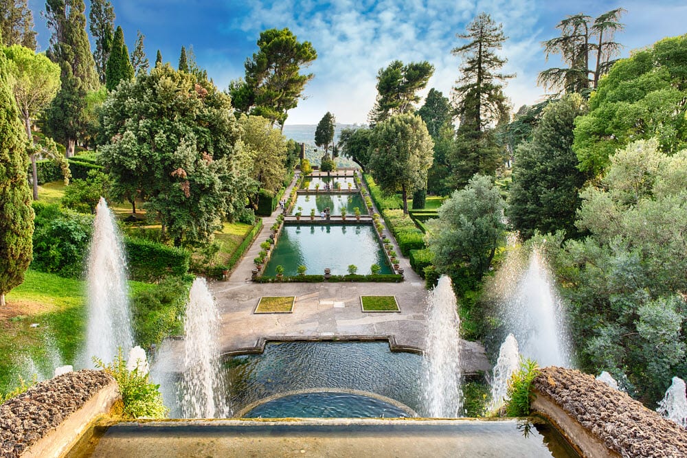 The terraced fountains and cypresses of the Renaissance garden at Villa d'Este.