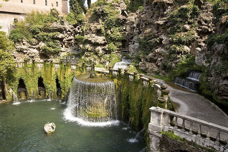 A cascade and grotto in the water gardens of Villa d'Este in Tivoli.