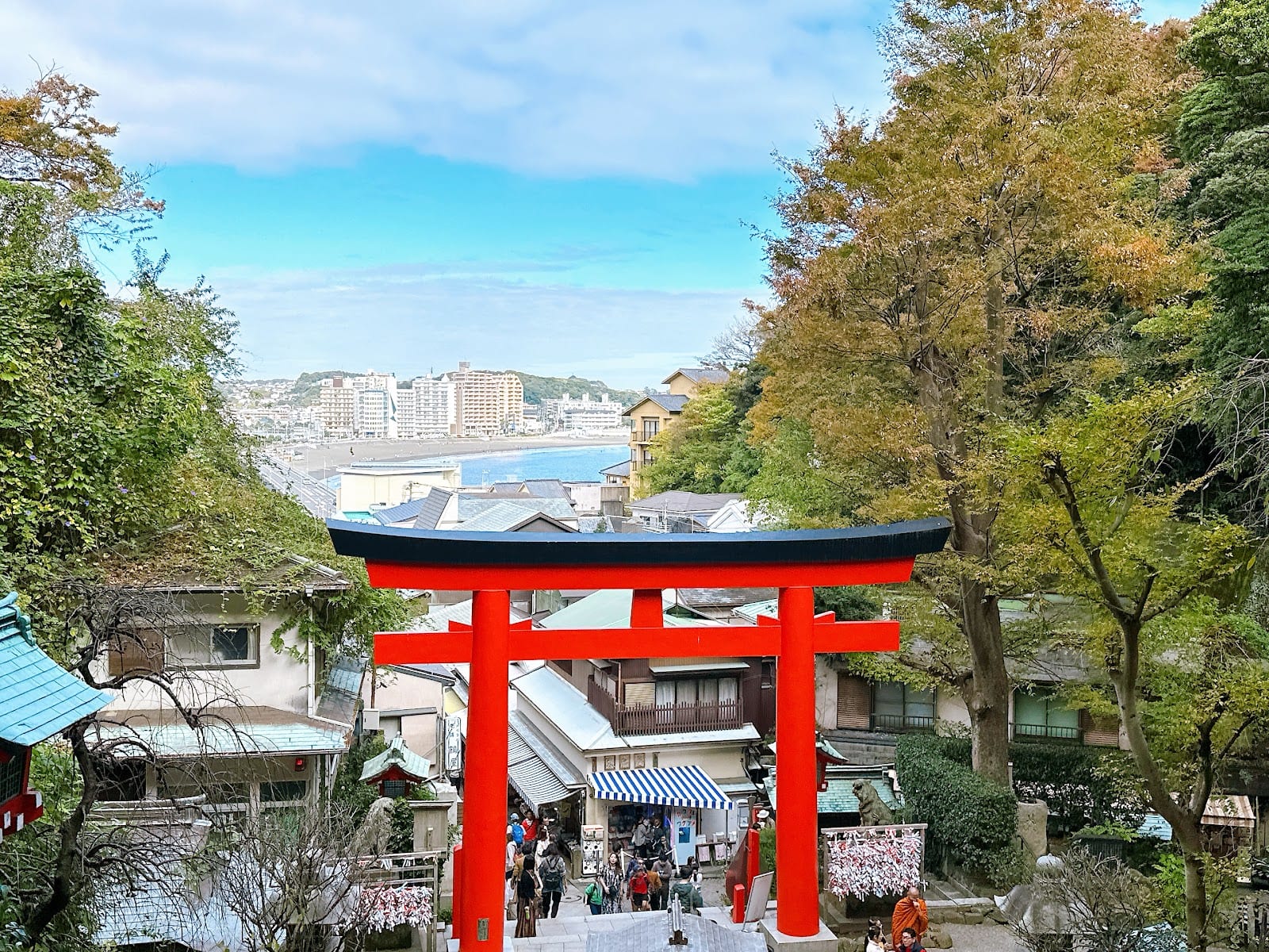 A red torii on Enoshima with the harbor and coastal town spread out below.