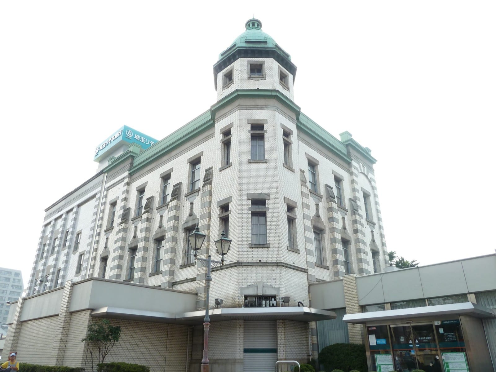 A 1920s Western-style former bank building on a Kawagoe street corner.