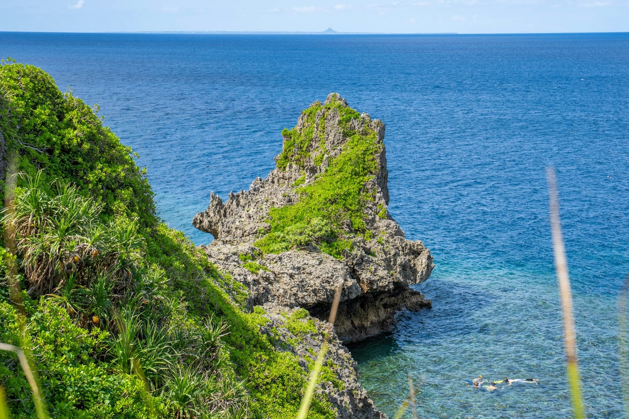 A rocky coastal cliff covered in green vegetation beside blue water.