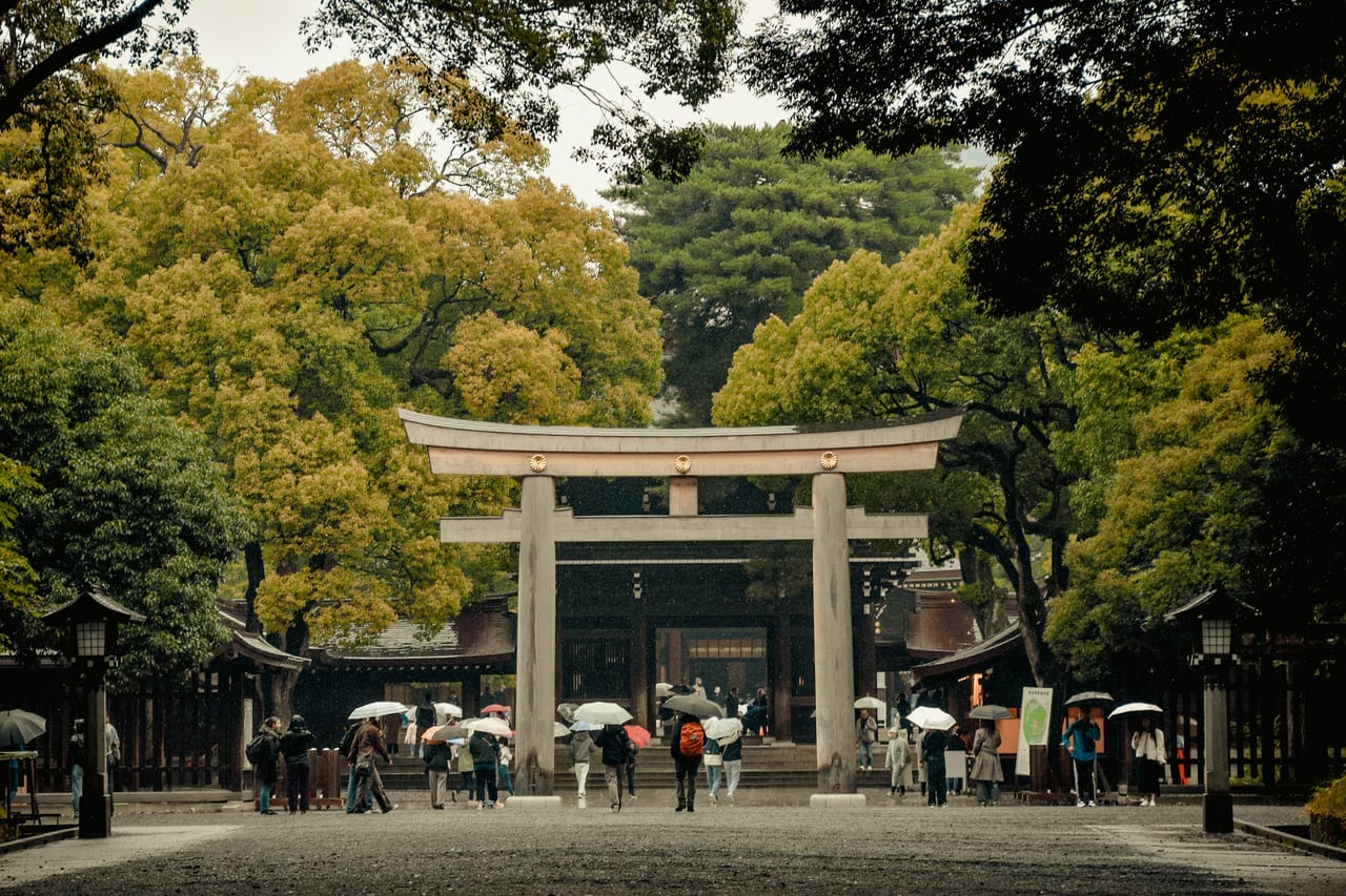 Visitors pass beneath the great wooden torii at the entrance to Meiji Jingu, the gravel approach lined with tall trees.