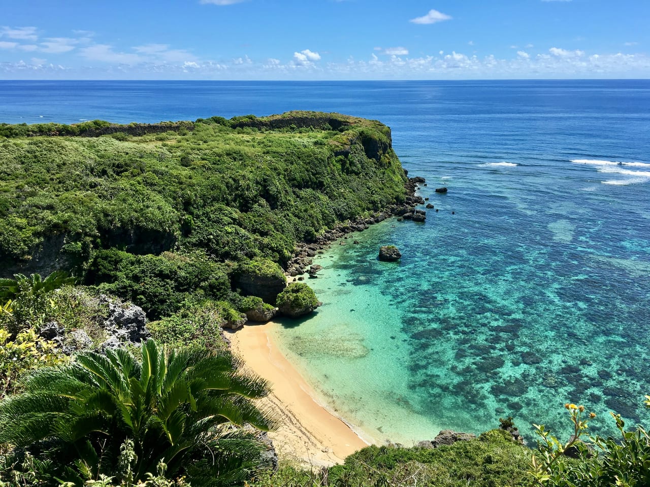 A green coastal cliff overlooks a sandy cove and clear blue water.