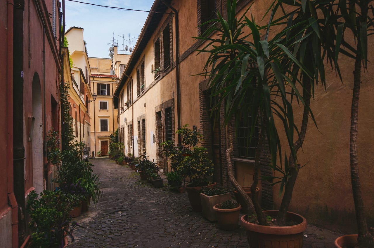 A quiet Trastevere lane lined with potted plants and ivy runs between old ochre buildings.
