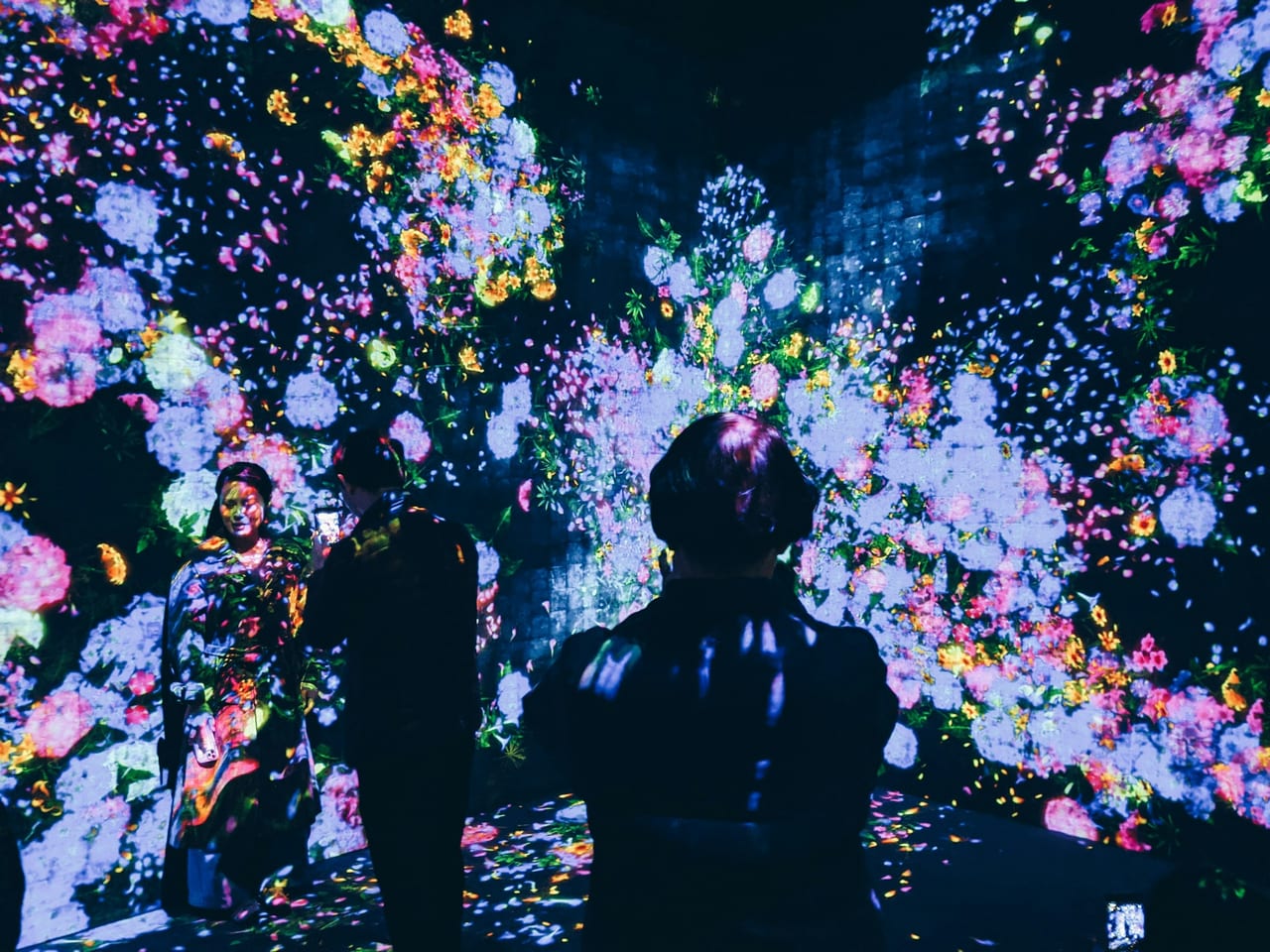 Visitors stand in silhouette inside a dark room as projected flowers bloom across every wall of the immersive digital artwork.