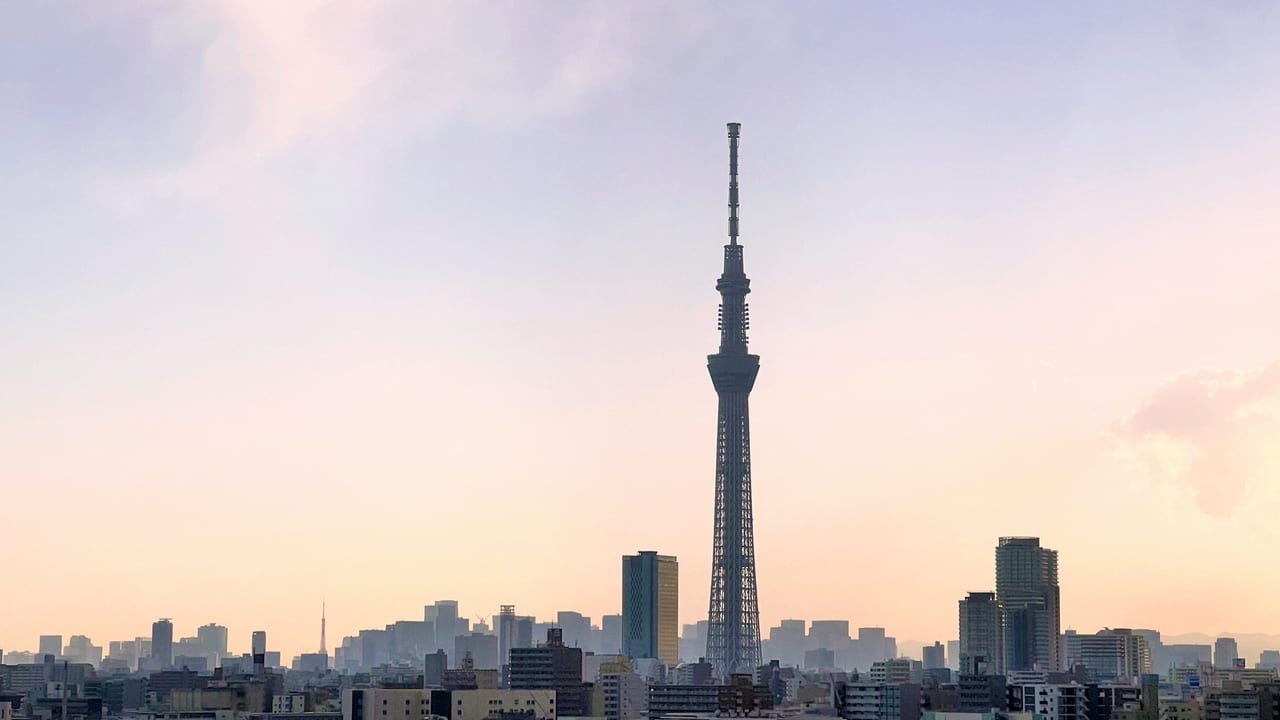 The Tokyo Skytree's pale spire rises far above the surrounding cityscape under a soft afternoon sky.