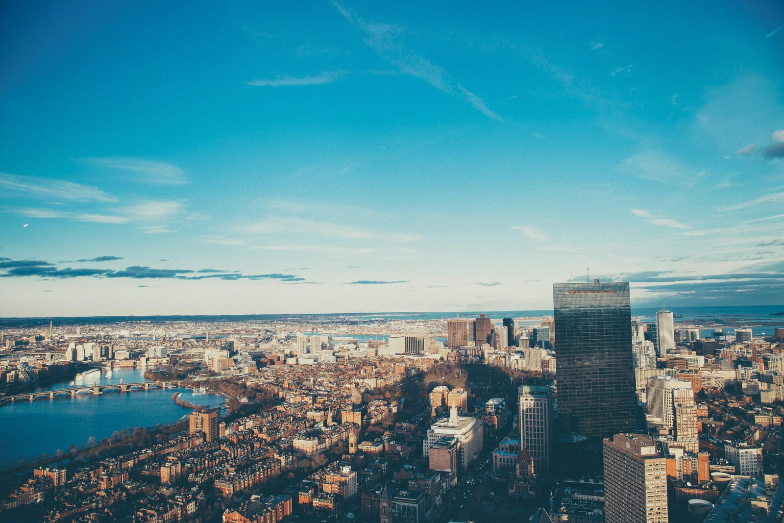 Boston skyline view from the Prudential Tower observatory.