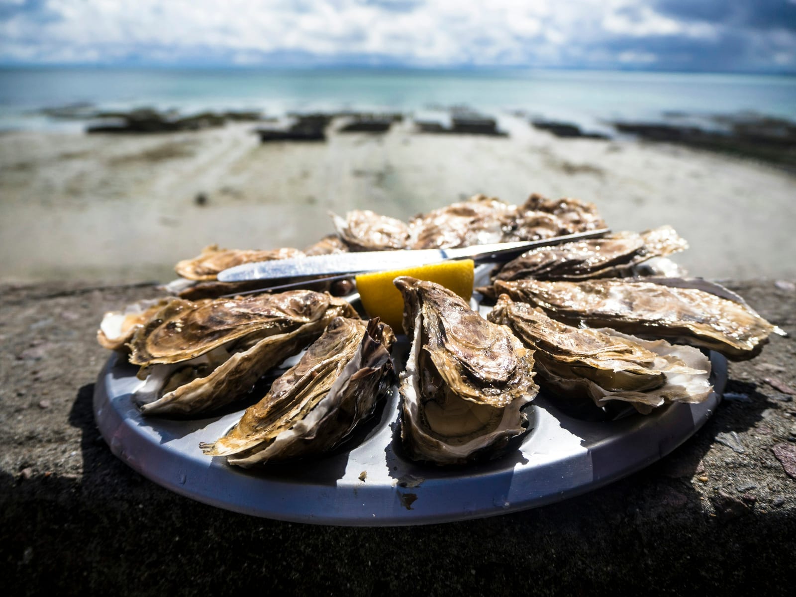 Raw oysters on the half shell arranged on a bed of crushed ice with mignonette.