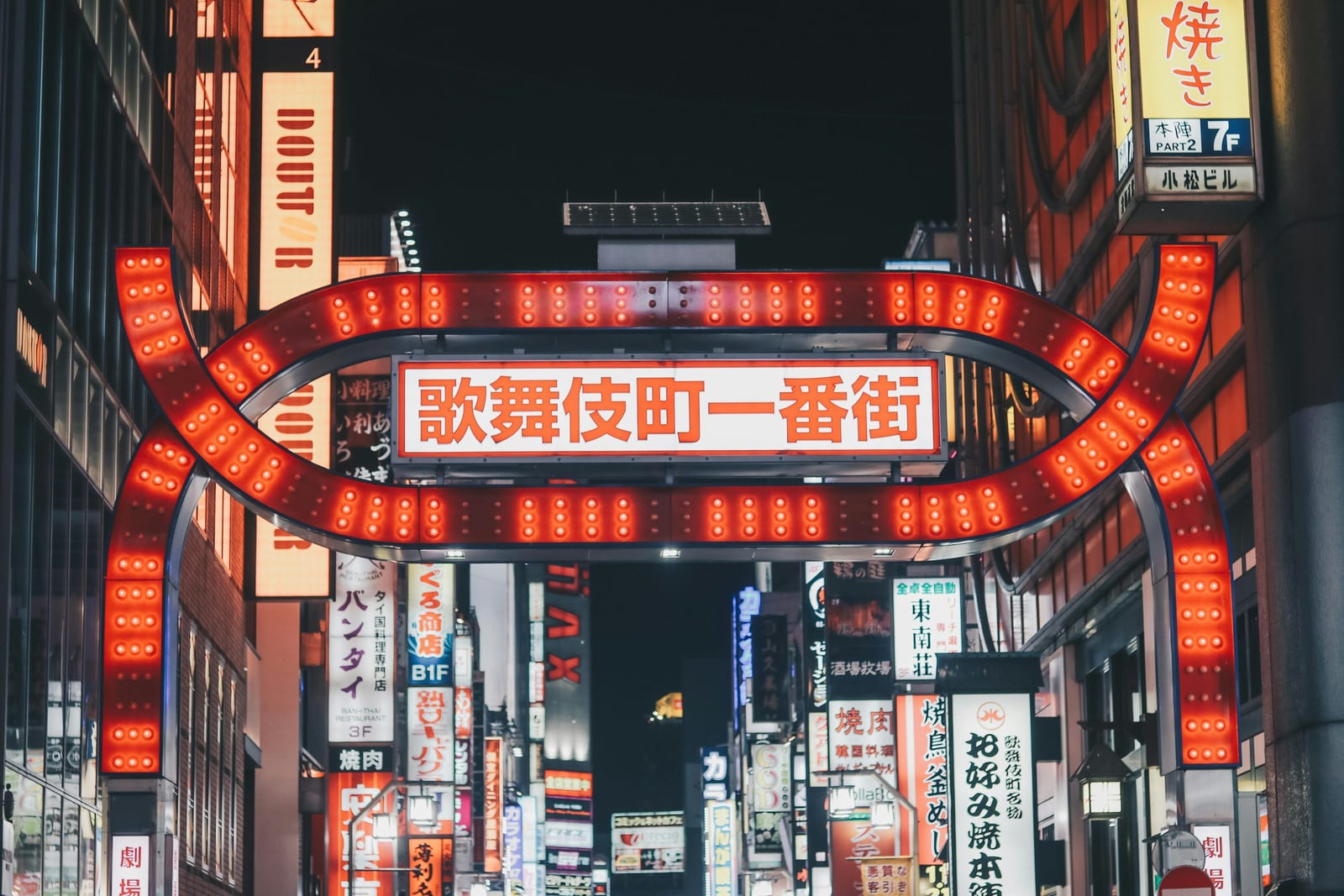The red Kabukicho Ichibangai gate glowing over the entertainment district at night.