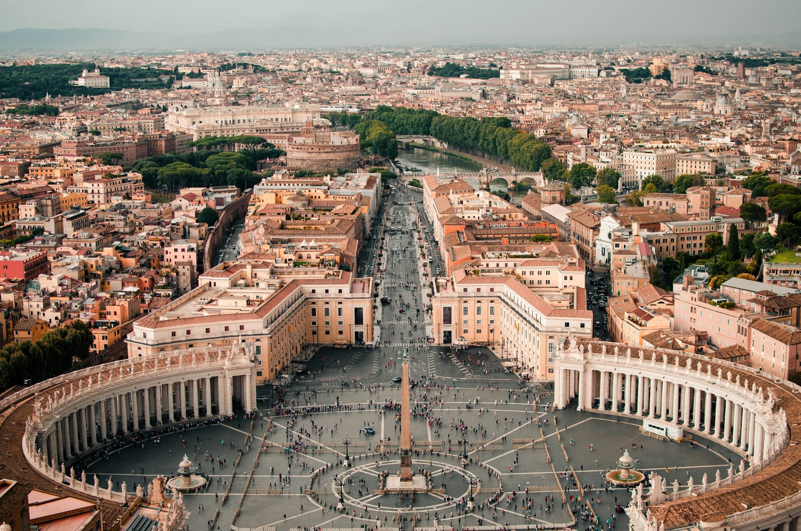 St Peter's Square and its colonnade seen from the dome of St Peter's Basilica in the Vatican, Rome.