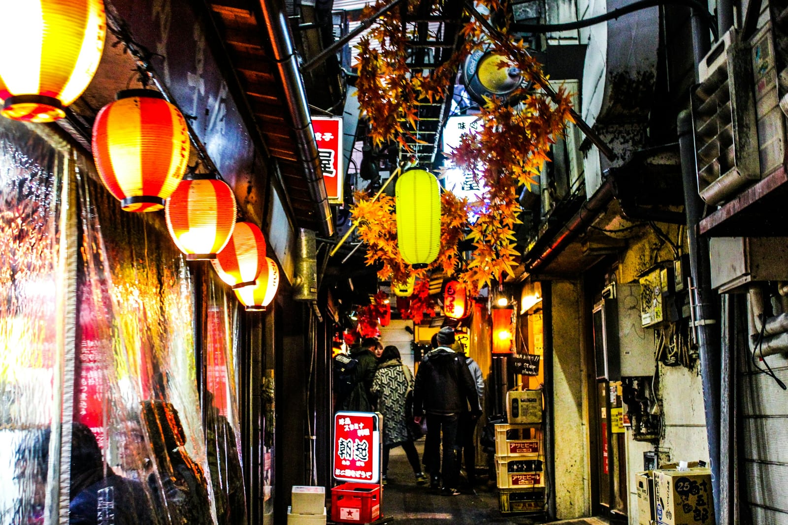 Red lanterns and yakitori menus in a Tokyo izakaya alley at night.