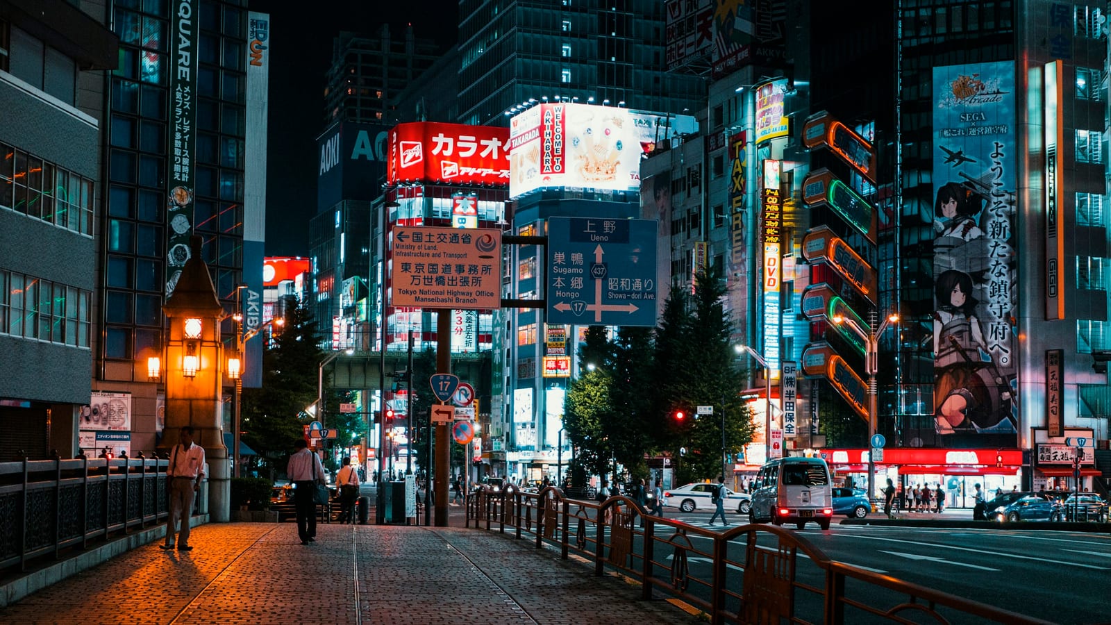 Akihabara's neon-lit Chuo-dori avenue at dusk.