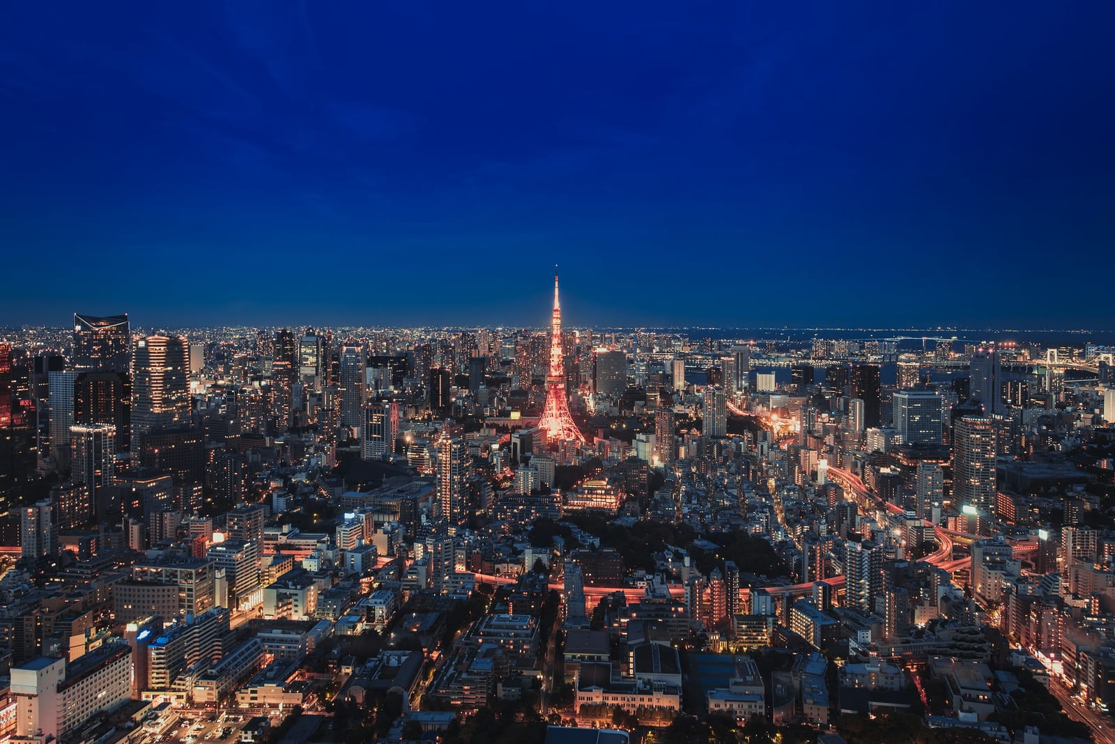 Tokyo Tower lit up above the Roppongi skyline at dusk