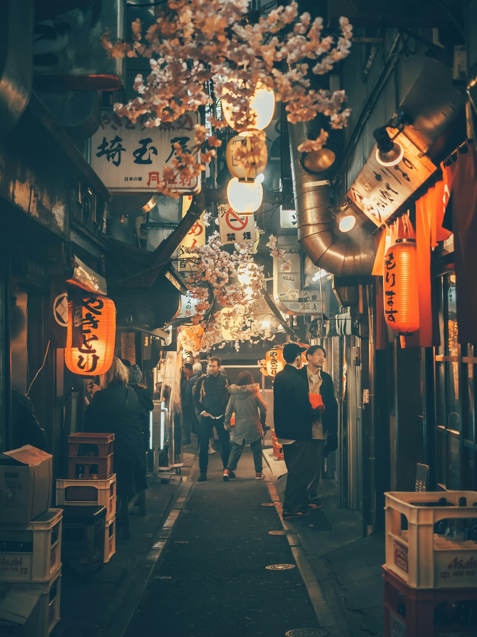 A lantern-lit izakaya alley lined with yakitori shops in Tokyo at night.