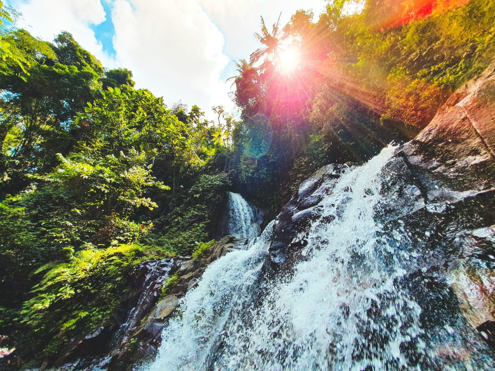A sunlit waterfall cascades over rocks through dense tropical jungle.