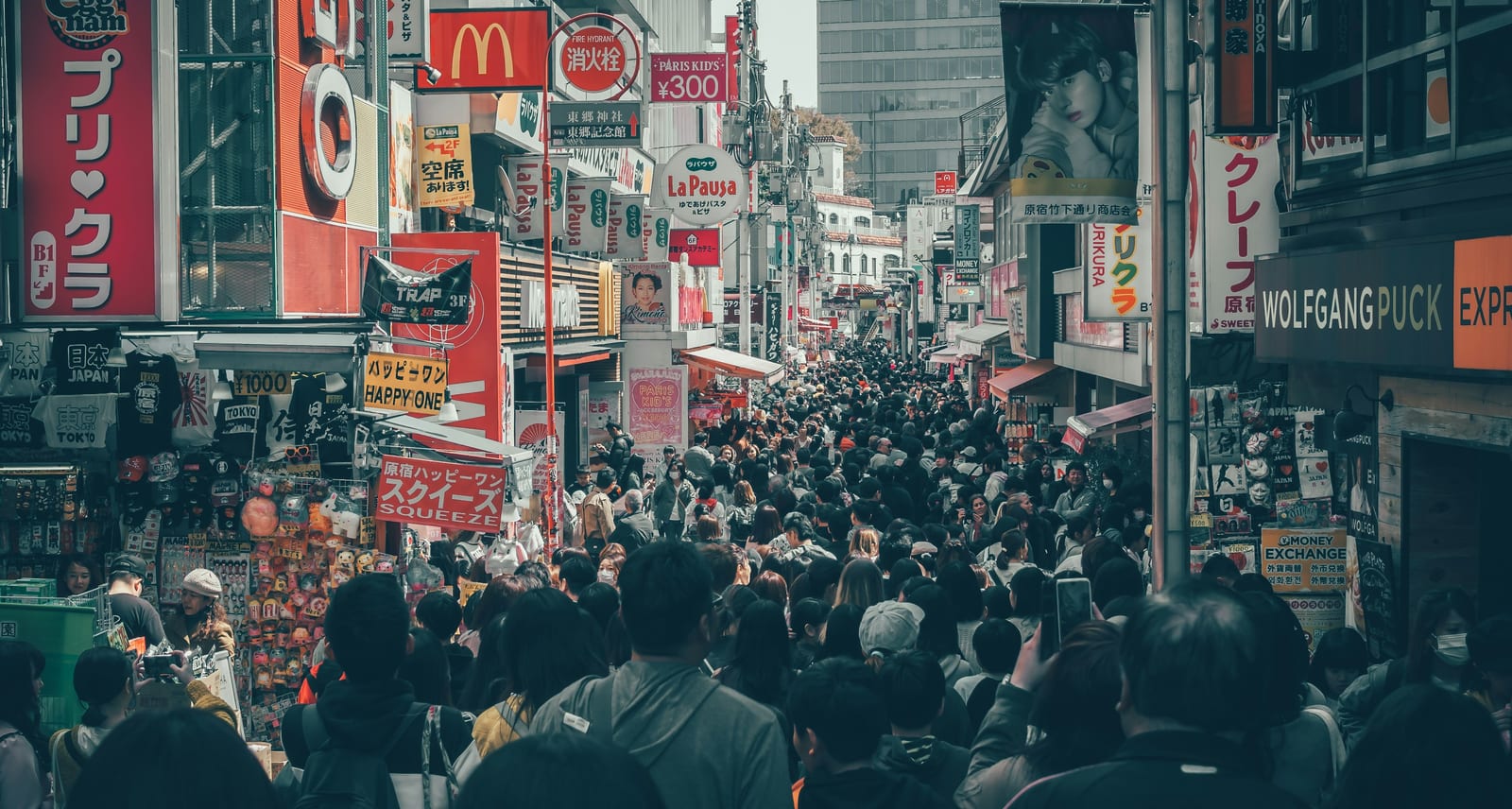 Crowds streaming along Takeshita Street in Harajuku.