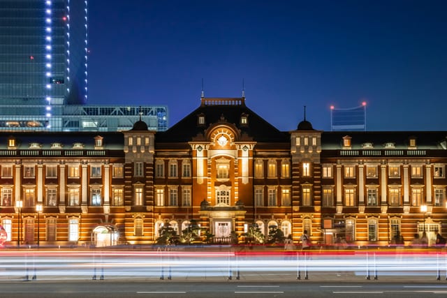 The red-brick Tokyo Station Marunouchi building at night