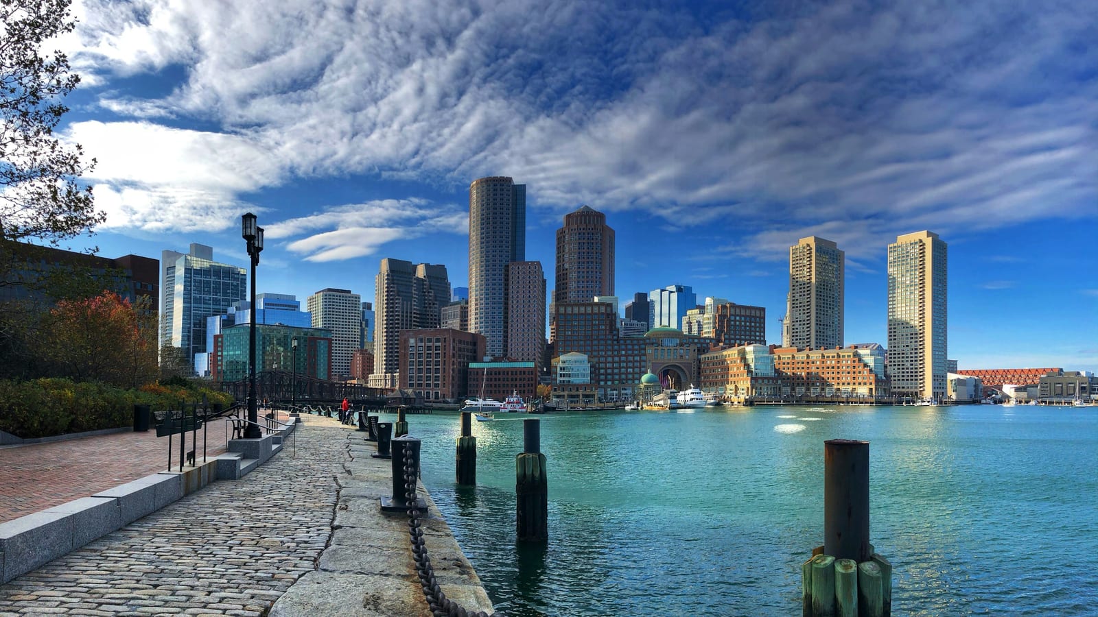 Boston Seaport waterfront with modern buildings and harbor