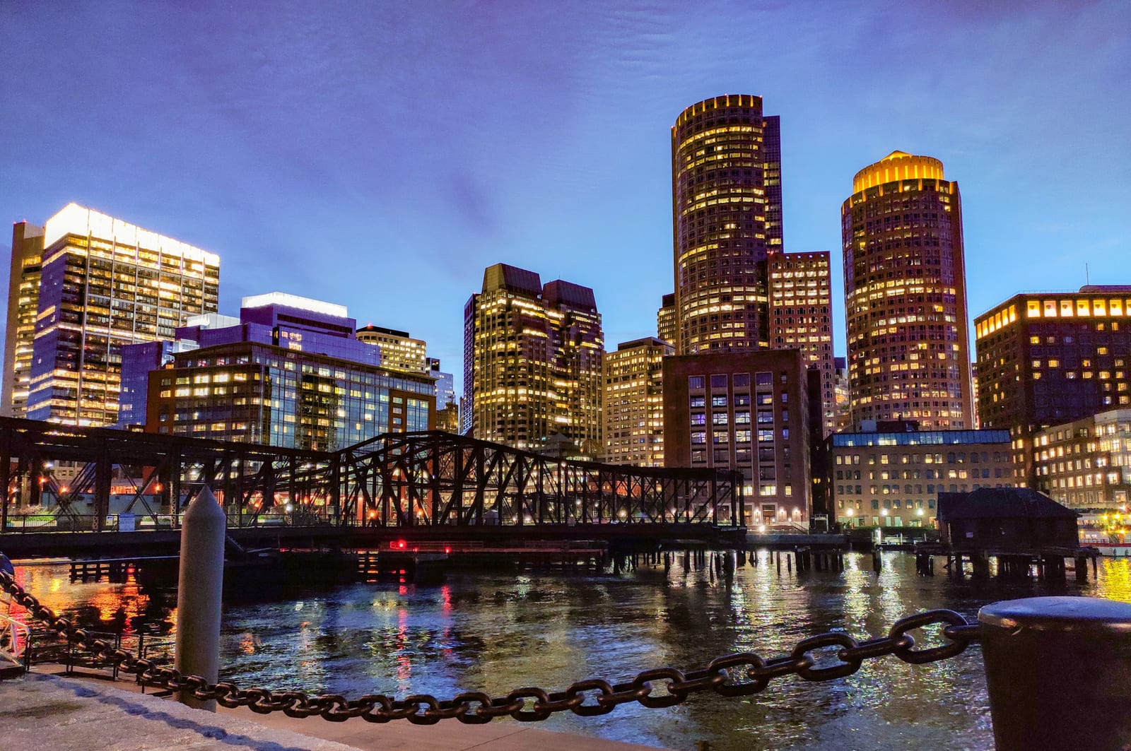 Boston Seaport waterfront with modern buildings and harbor