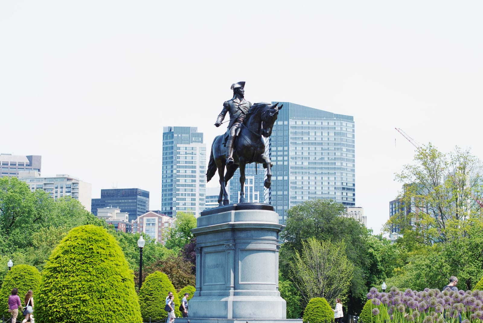 Boston Public Garden in spring, the Washington statue and lagoon bridge
