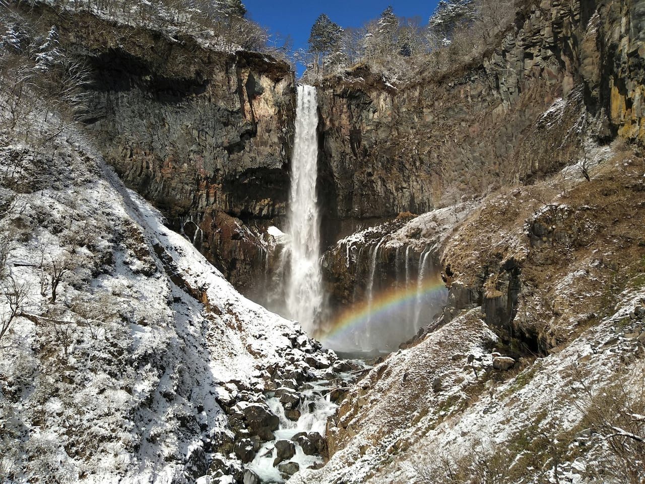 Kegon Falls drops in a single white column down a forested cliff below Lake Chuzenji near Nikko.