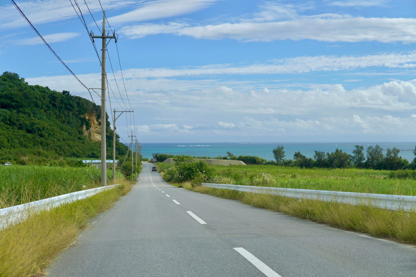 A quiet coastal road runs downhill through green fields toward the blue Okinawa ocean.