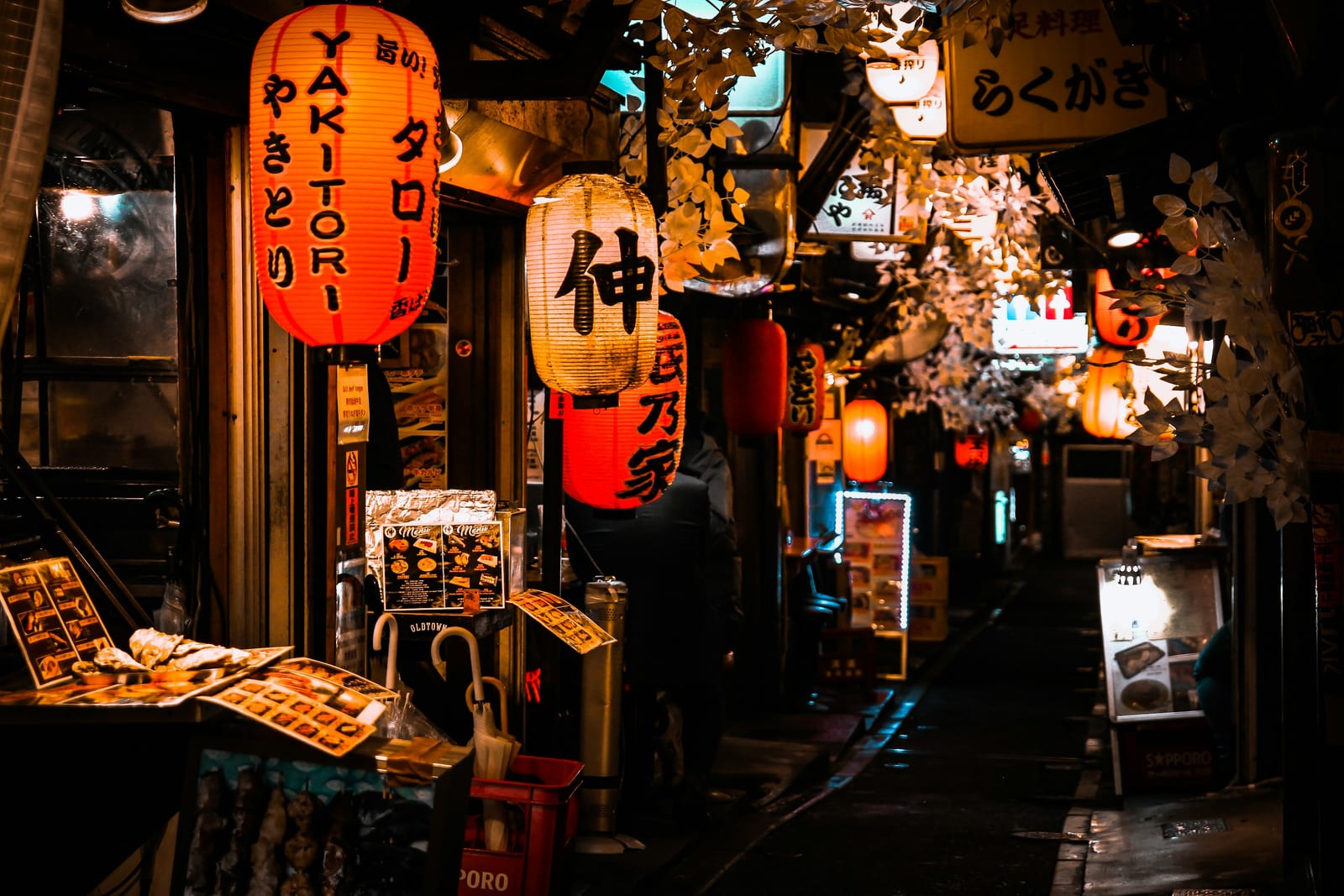Red lanterns and yakitori menus in a Tokyo izakaya alley at night.