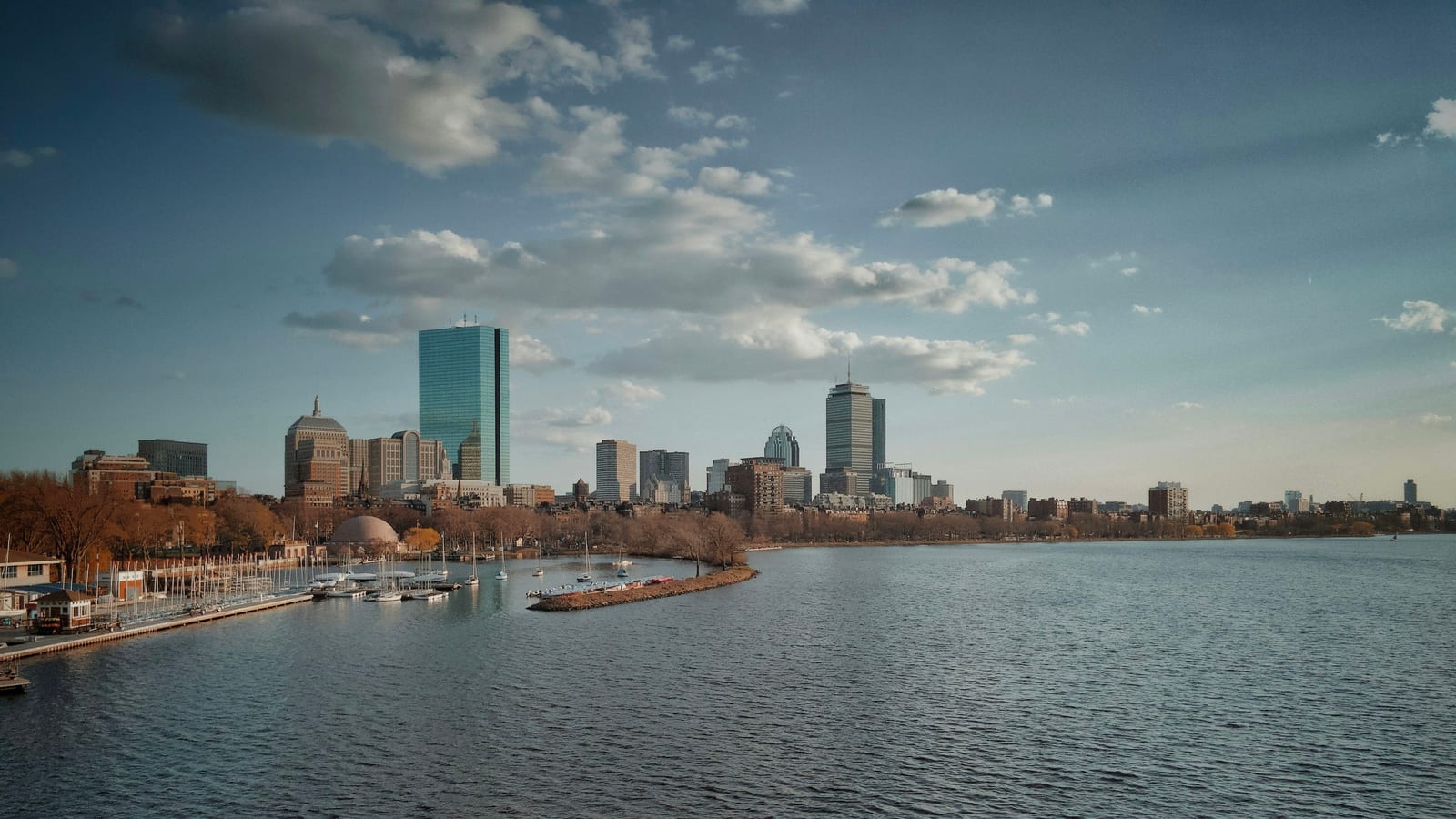 Boston skyline and harbor from the waterfront.