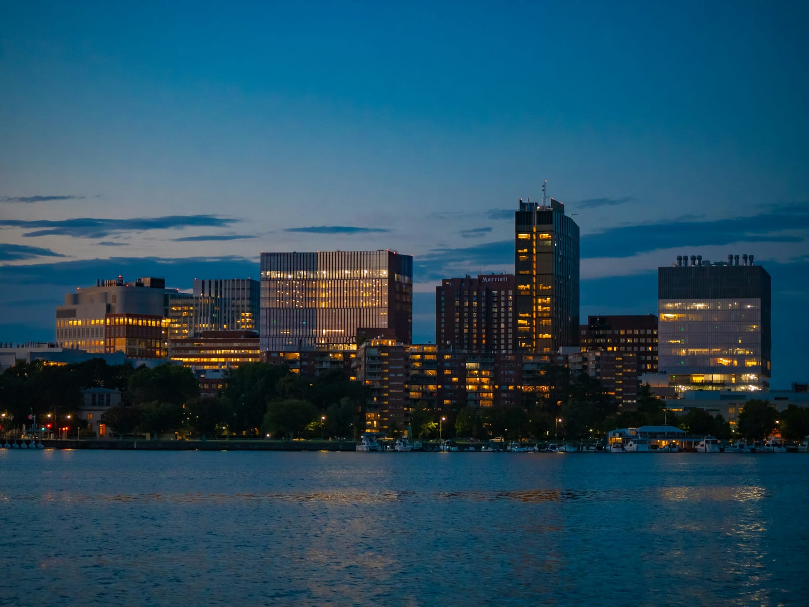 Boston skyline over the Charles River at dusk