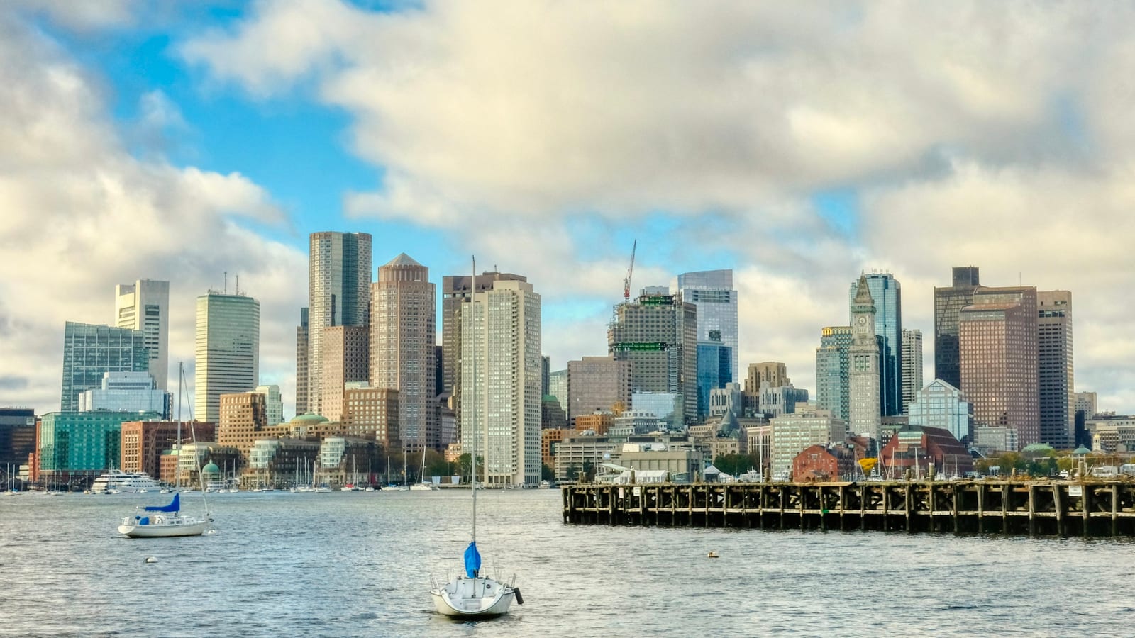 Boston skyline and harbor from the waterfront.