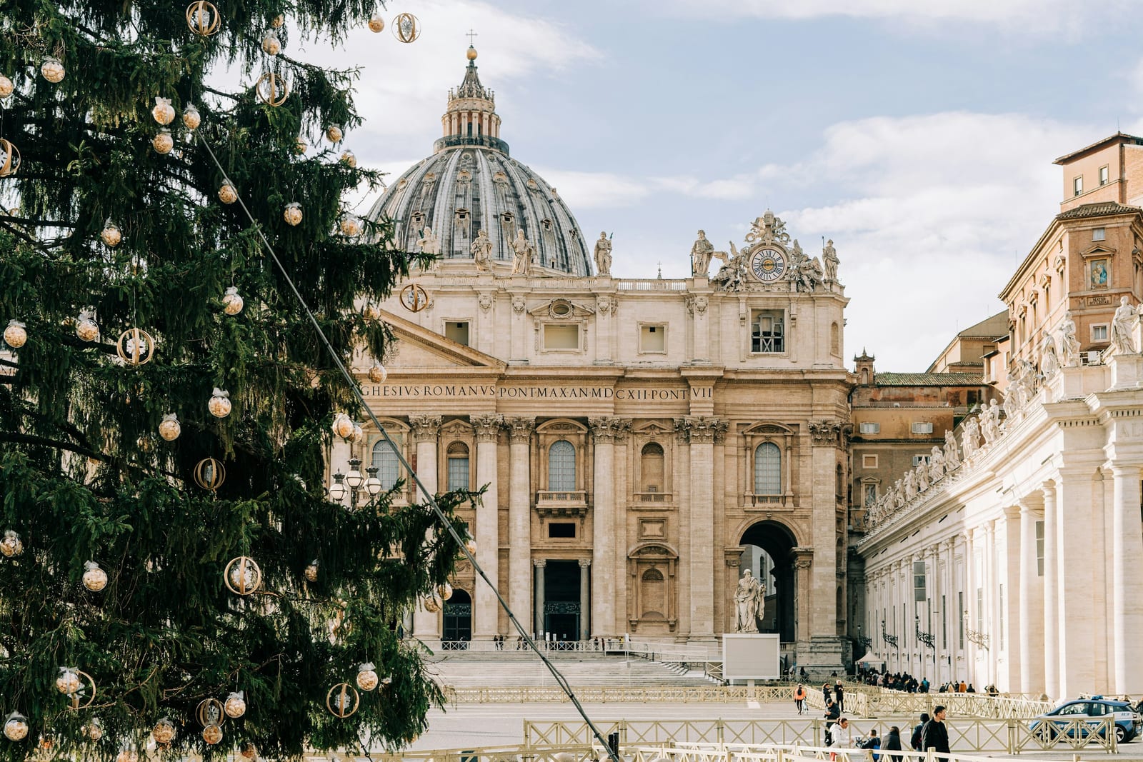 St Peter's Basilica behind the Vatican's decorated Christmas tree.