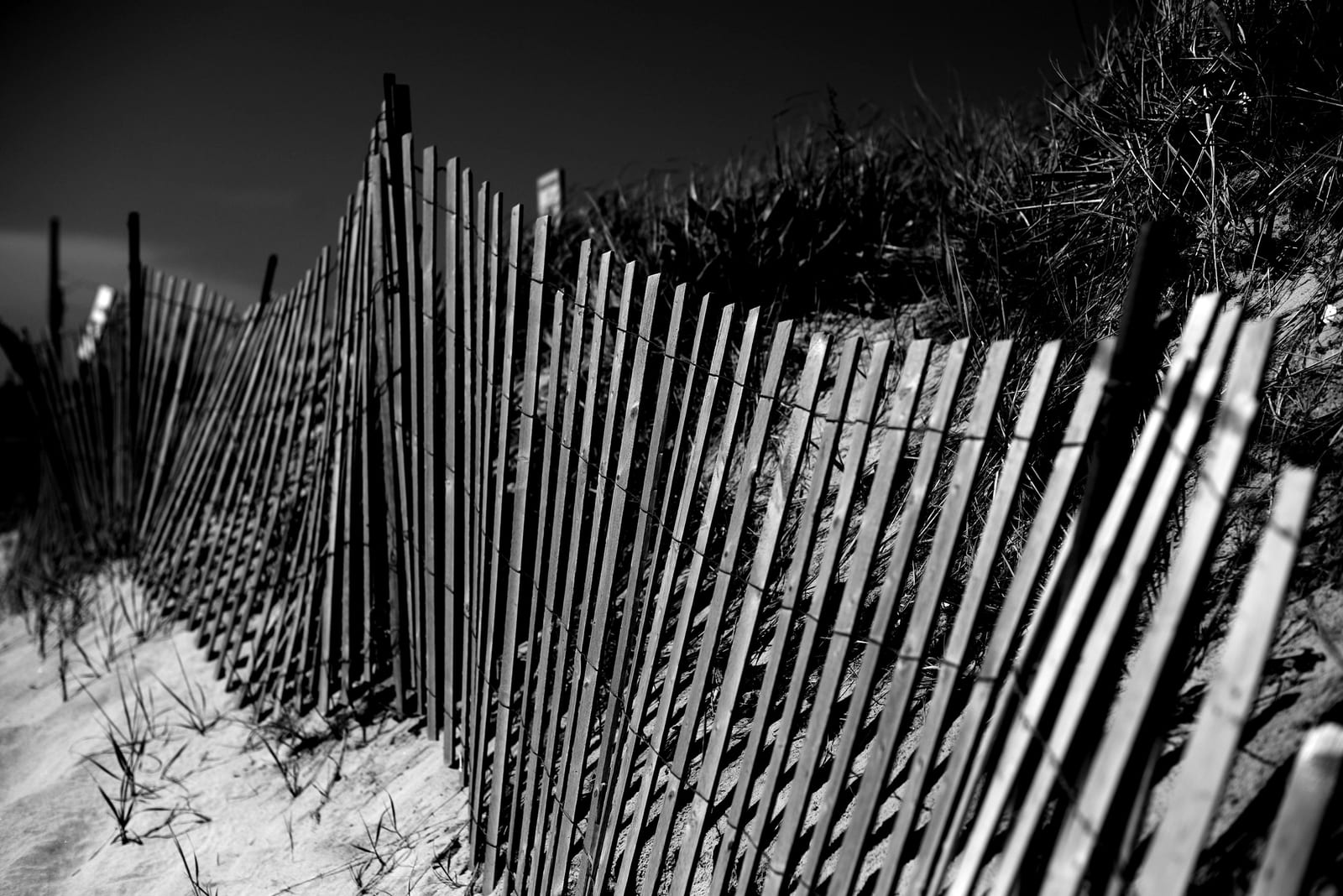 A black and white photo of a beach fence in Amagansett