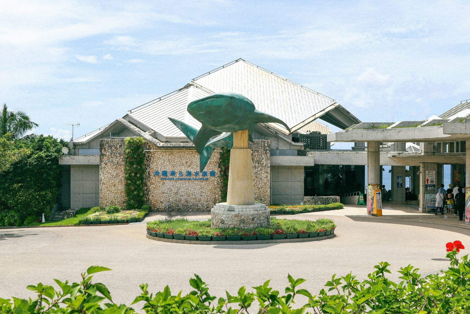 A bright tropical airport entrance with a dolphin sculpture, palm trees, and landscaped flower beds.