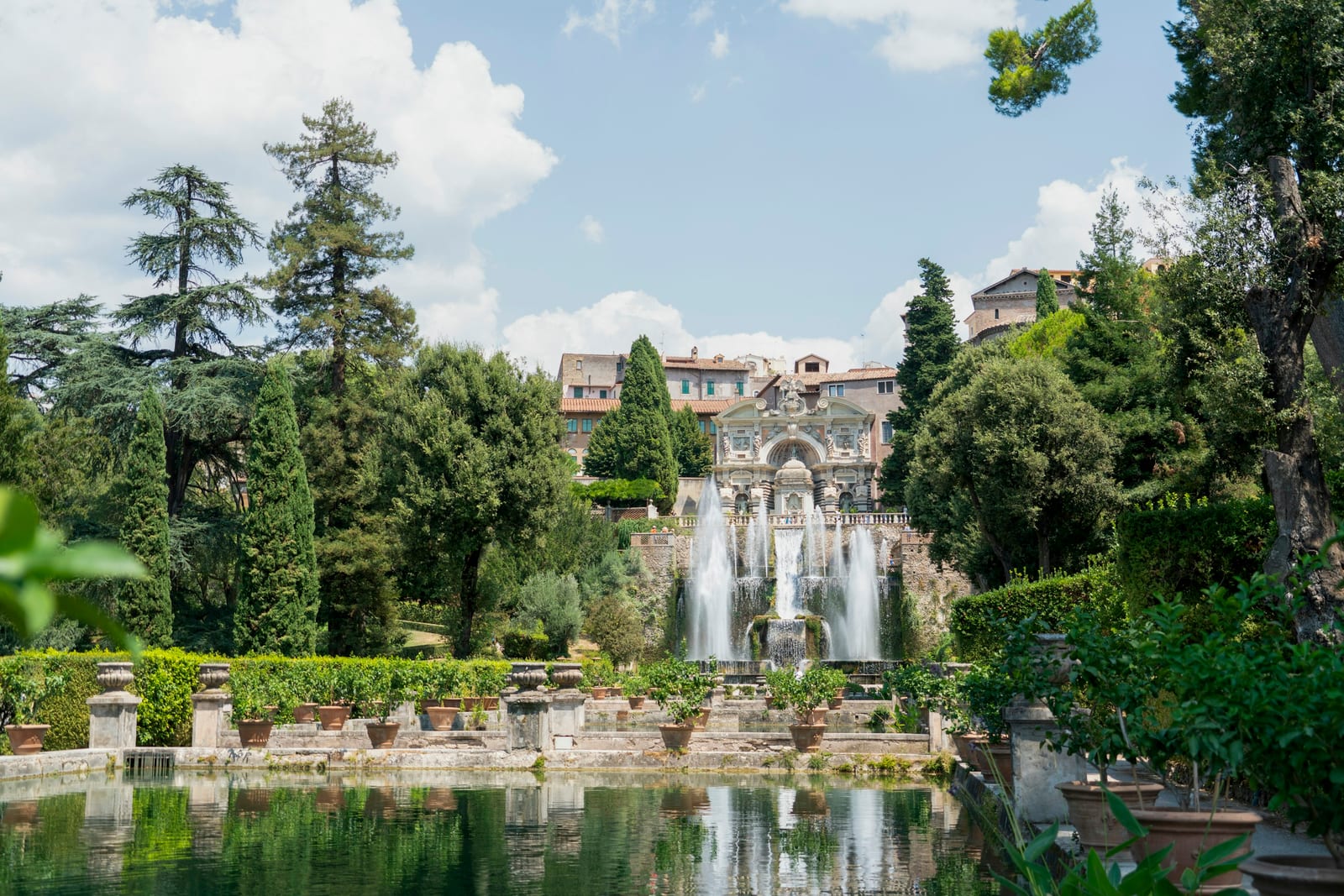 The tiered fountains and cypresses of the Renaissance garden at Villa d'Este in Tivoli.
