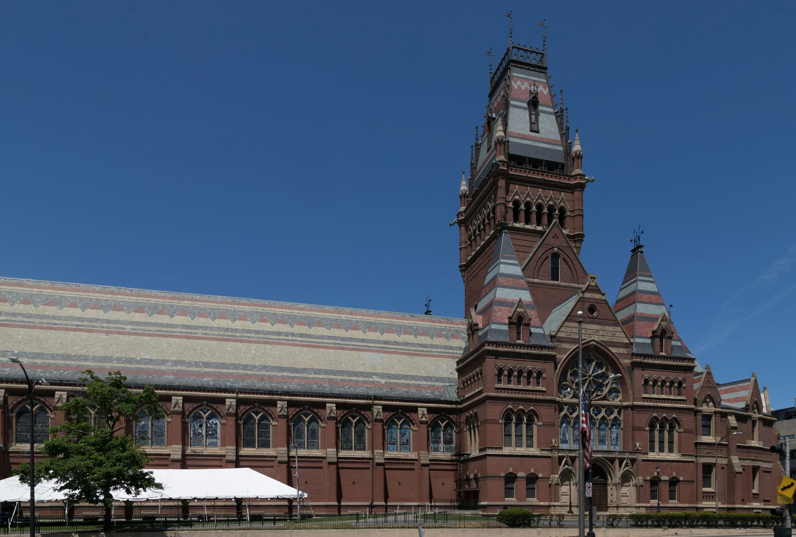 Harvard University campus, red brick buildings and green lawn